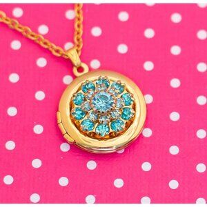 Vintage Circle Blue Rhinestones Gold Tone Locket Necklace by Avon 20 inch - P7